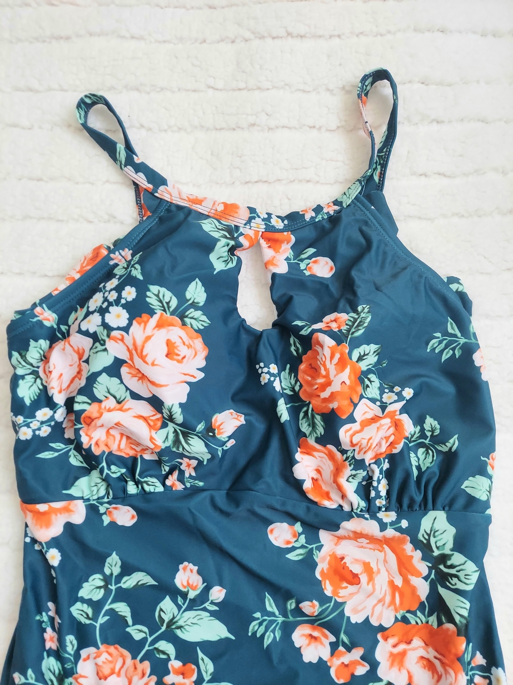 Meetwell Floral Keyhole Teal & Peach Floral One-Piece Swimsuit Women Medium NWT - Picture 2 of 6